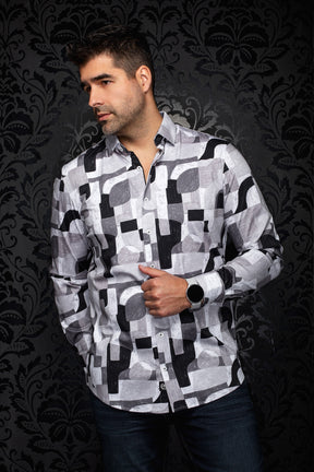 Vue avant en angle d'une chemise grise à imprimé abstrait avec col ouvert pour homme par Au Noir