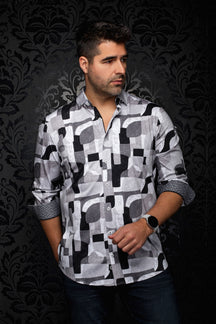 Front view of men's gray abstract print button-up shirt with rolled contrast cuffs by Au Noir