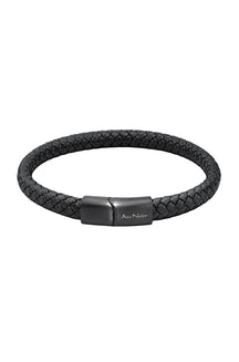 Men's black braided bracelet with dark rectangular clasp and Au Noir logo, product view