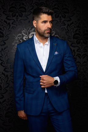Au Noir men's blue textured blazer with notch lapels, button front, and flap pockets, front model view