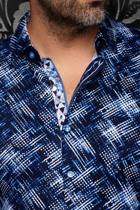 Au Noir men's navy patterned button-up shirt with open collar and light blue buttons, close-up