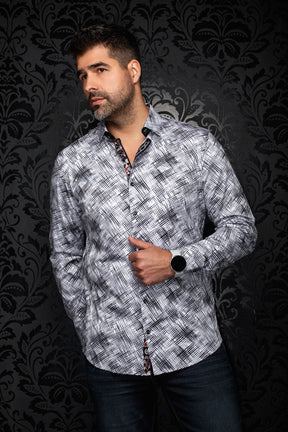 Au Noir men's angled front view of white and black patterned button-up shirt with long sleeves and curved hem