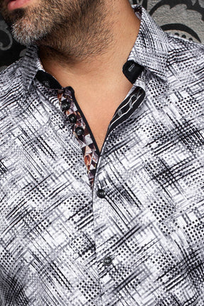 Au Noir men's white and black patterned shirt collar, black buttons and contrast inner placket, close-up