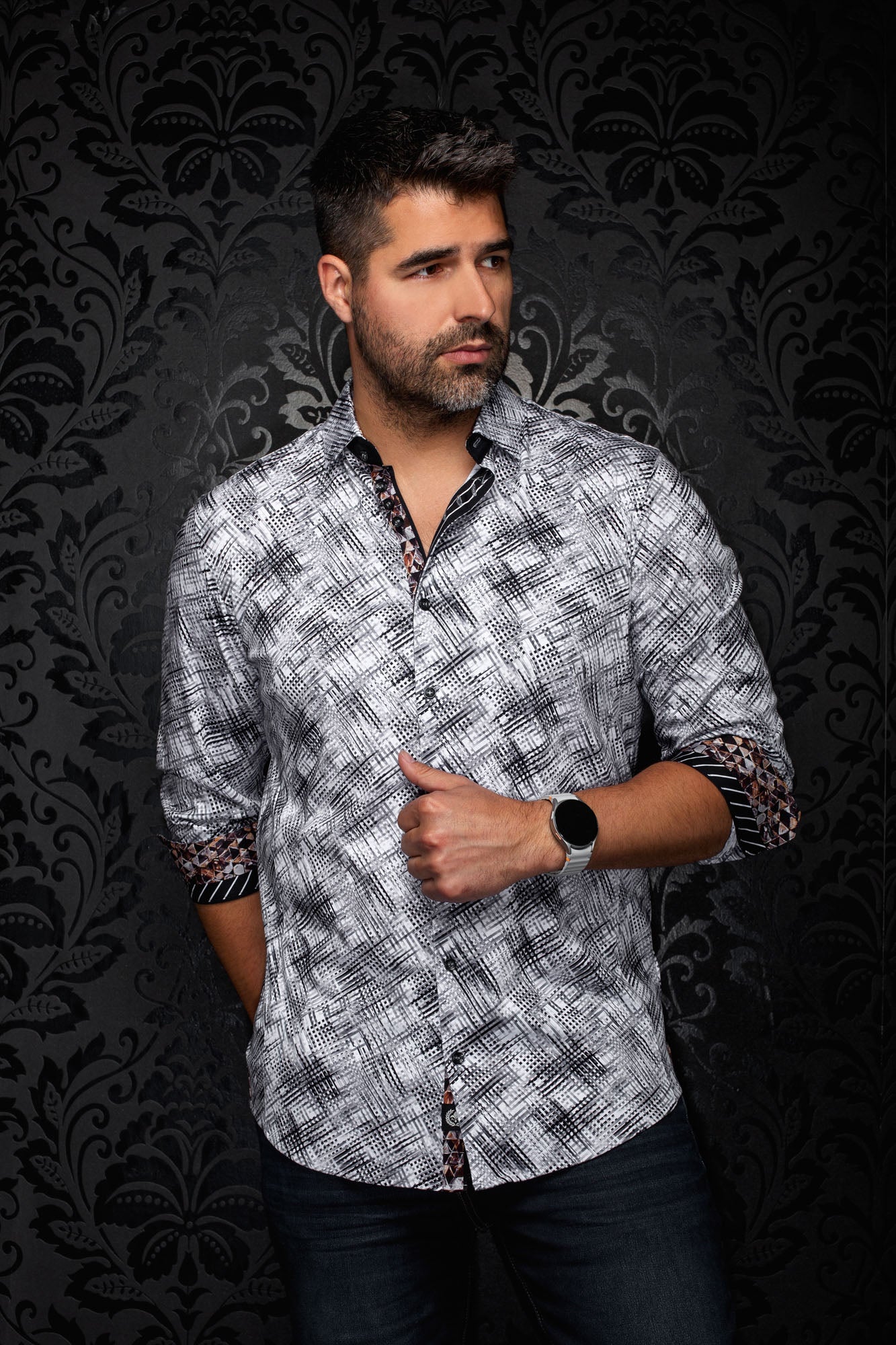 Au Noir men's white and black patterned button-up shirt with rolled sleeves and contrast cuffs, front view