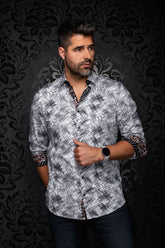 Au Noir men's white and black patterned button-up shirt with rolled sleeves and contrast cuffs, front view