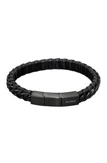 Men's black braided bracelet with rectangular logo clasp shown as an isolated product view by Au Noir