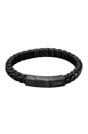 Bracelet noir tressé avec fermoir rectangulaire à logo, montré en vue produit isolée pour homme par Au Noir
