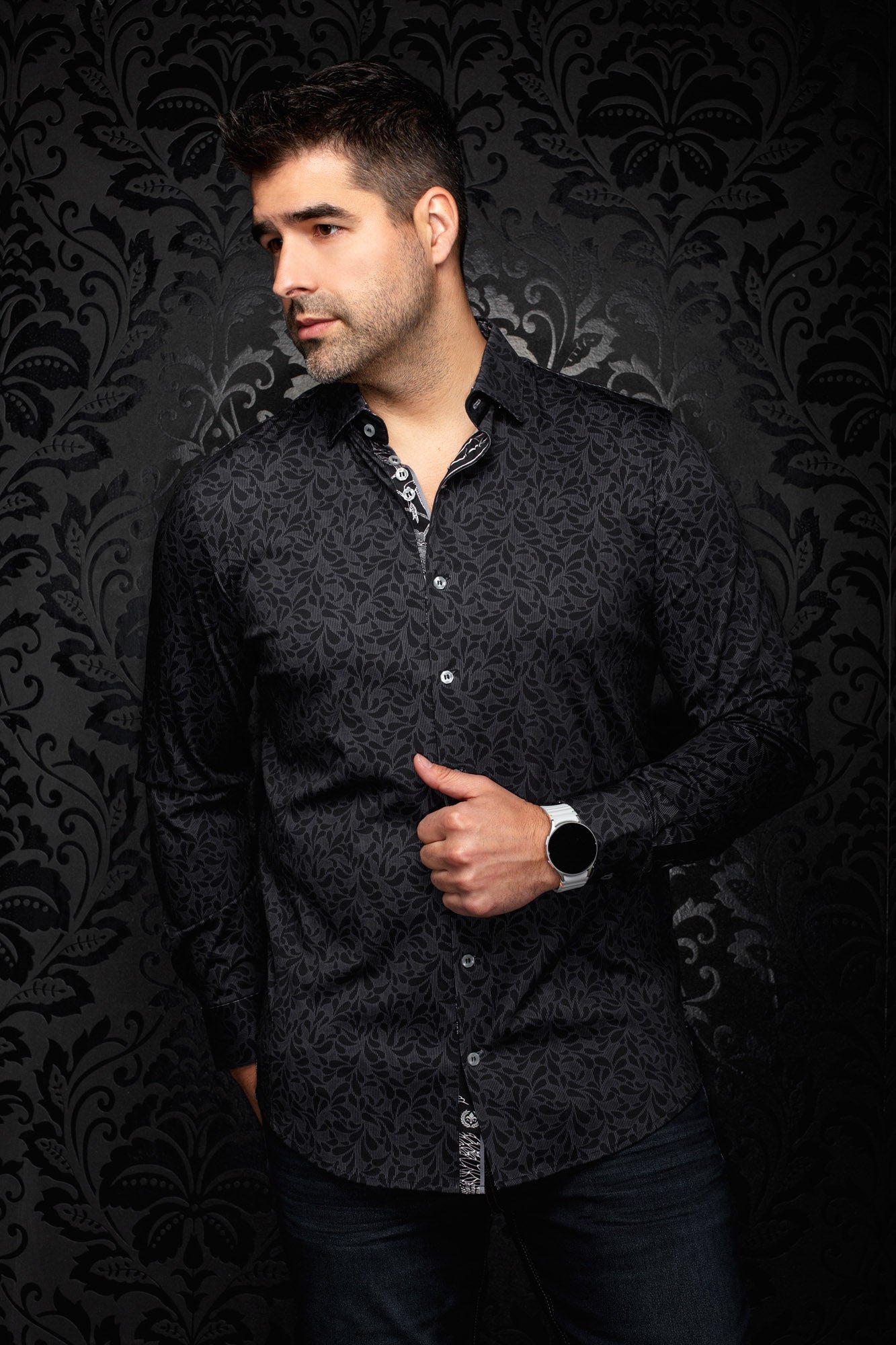 Au Noir men's black tonal floral button-up shirt, front model view with spread collar and contrast inner placket