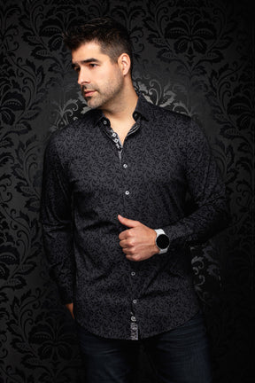 Au Noir men's black tonal floral button-up shirt, front model view with spread collar and contrast inner placket
