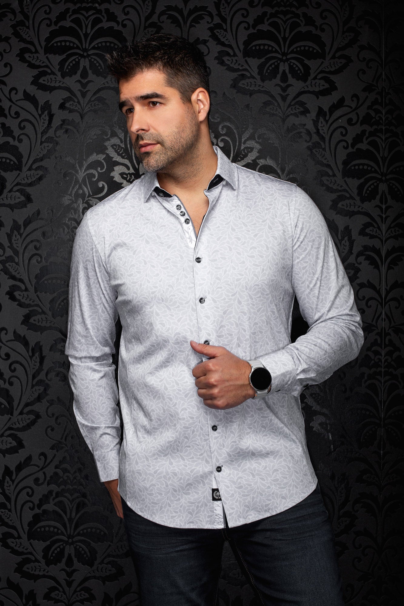Au Noir men's light gray floral button-front shirt with black collar trim and buttons shown from the front