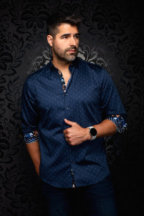 Chemise marine à motif avec poignets roulés et garniture imprimée contrastante pour homme par Au Noir, vue de face
