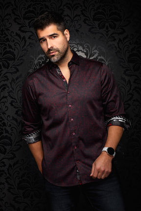 Au Noir men's black button-up shirt with burgundy floral print and rolled contrast cuffs, front model view