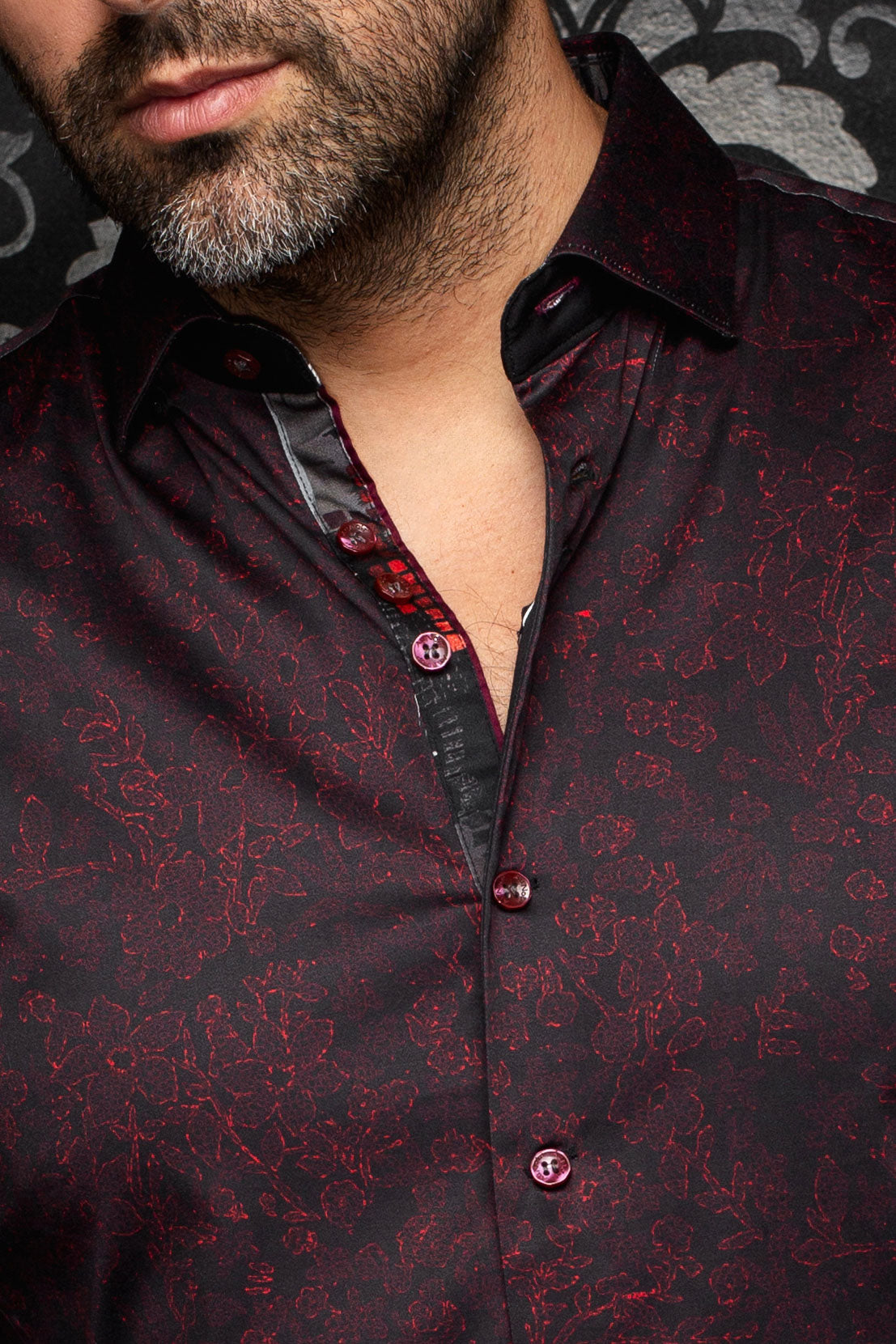 Au Noir men's black button-up shirt with burgundy floral print, contrast placket and collar detail, close-up