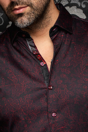 Au Noir men's black button-up shirt with burgundy floral print, contrast placket and collar detail, close-up