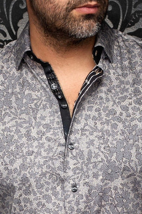 Au Noir men's gray floral button-up shirt with black contrast placket, collar, and shiny buttons, close-up