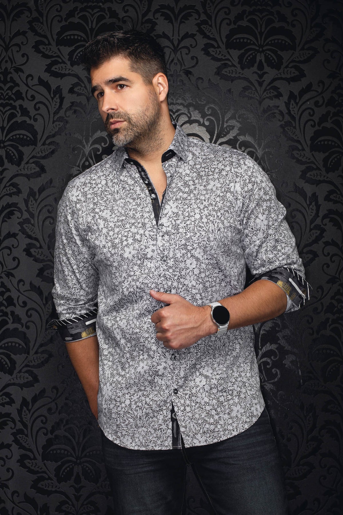 Au Noir men's gray and black patterned button-up shirt with rolled contrast cuffs, front model view