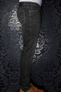 Au Noir men's black jeans side view with contrast stitching, back pocket, and waistband patch