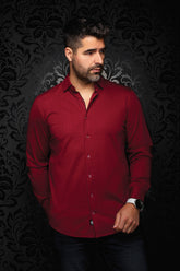 Au Noir men's burgundy button-up shirt front view with tonal check texture and classic collar
