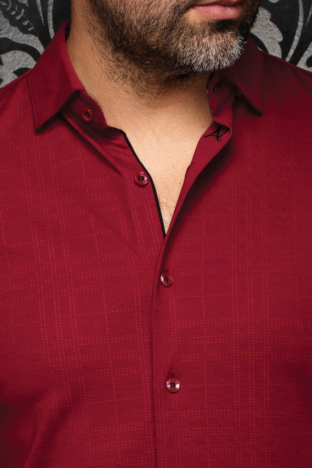 Au Noir men's burgundy shirt collar, button placket, tonal check texture, and black trim, close-up