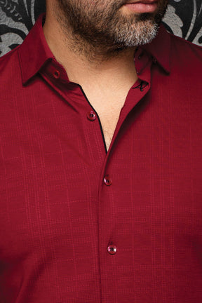 Au Noir men's burgundy shirt collar, button placket, tonal check texture, and black trim, close-up