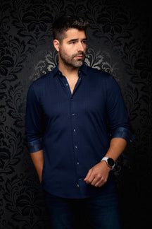 Au Noir men's navy button-up shirt with rolled contrast cuffs and tonal check pattern, front model view