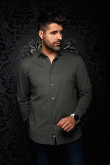 Men's olive green long sleeve button-up shirt, front view with point collar and button placket by Au Noir