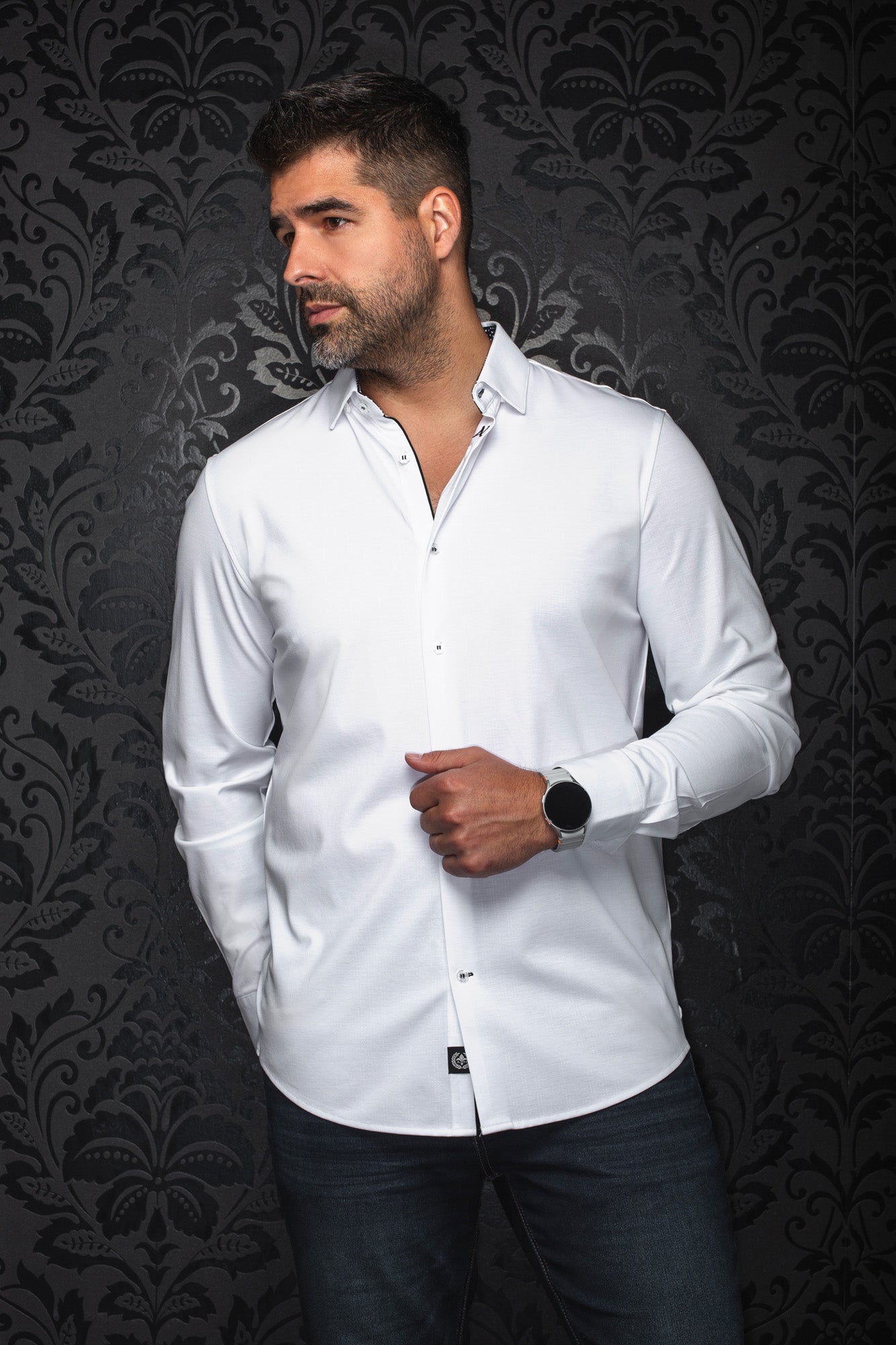 Au Noir men's white long sleeve button-up shirt, front model view with spread collar and black placket trim