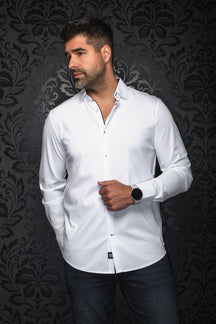 Au Noir men's white long sleeve button-up shirt, front model view with spread collar and black placket trim