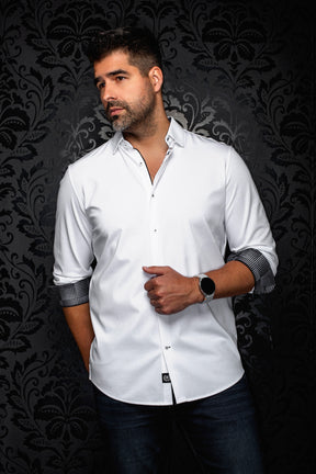 Men's white long sleeve button-up shirt, front angled view with rolled patterned cuffs and black trim, side view by Au Noir