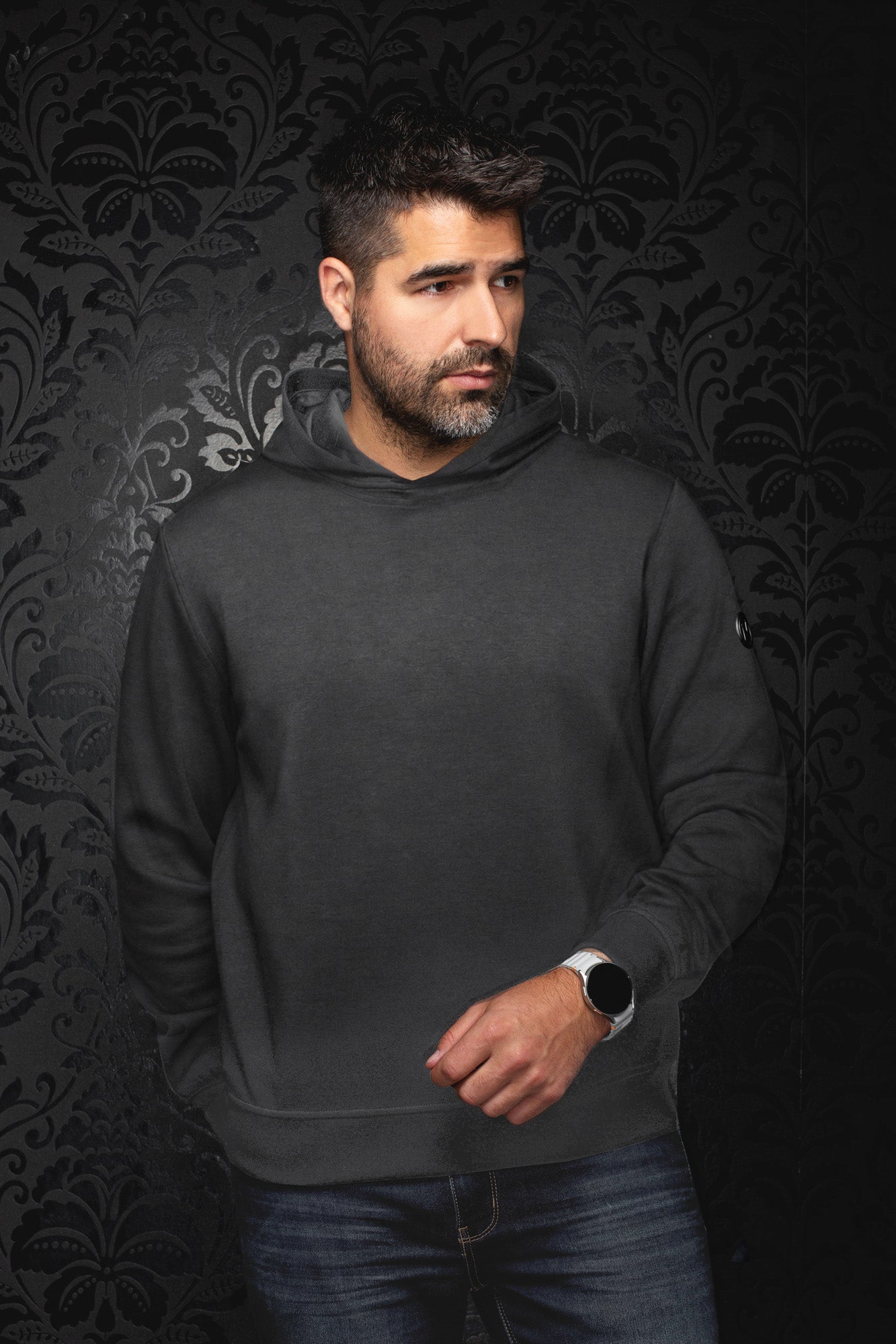 Au Noir men's charcoal gray pullover sport jacket with tonal paisley texture and ribbed hem, front model view