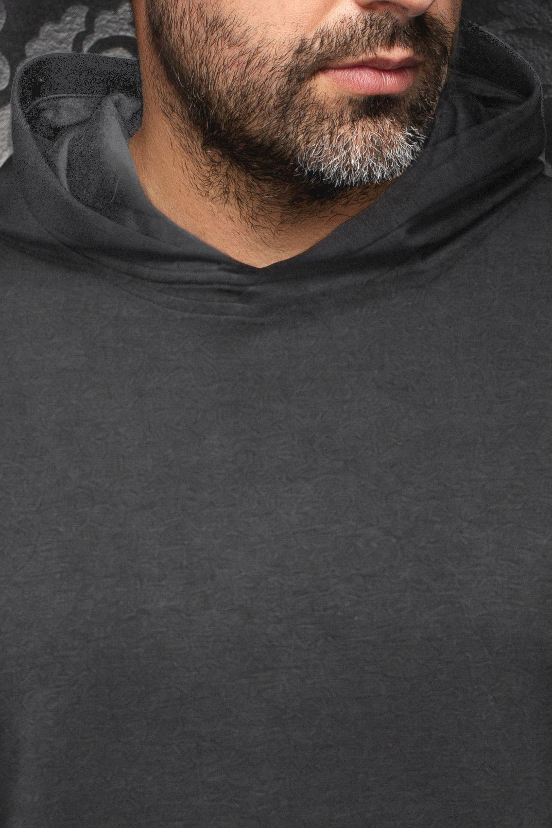 Au Noir men's charcoal gray sport jacket neckline and hood with subtle tonal paisley texture, close-up