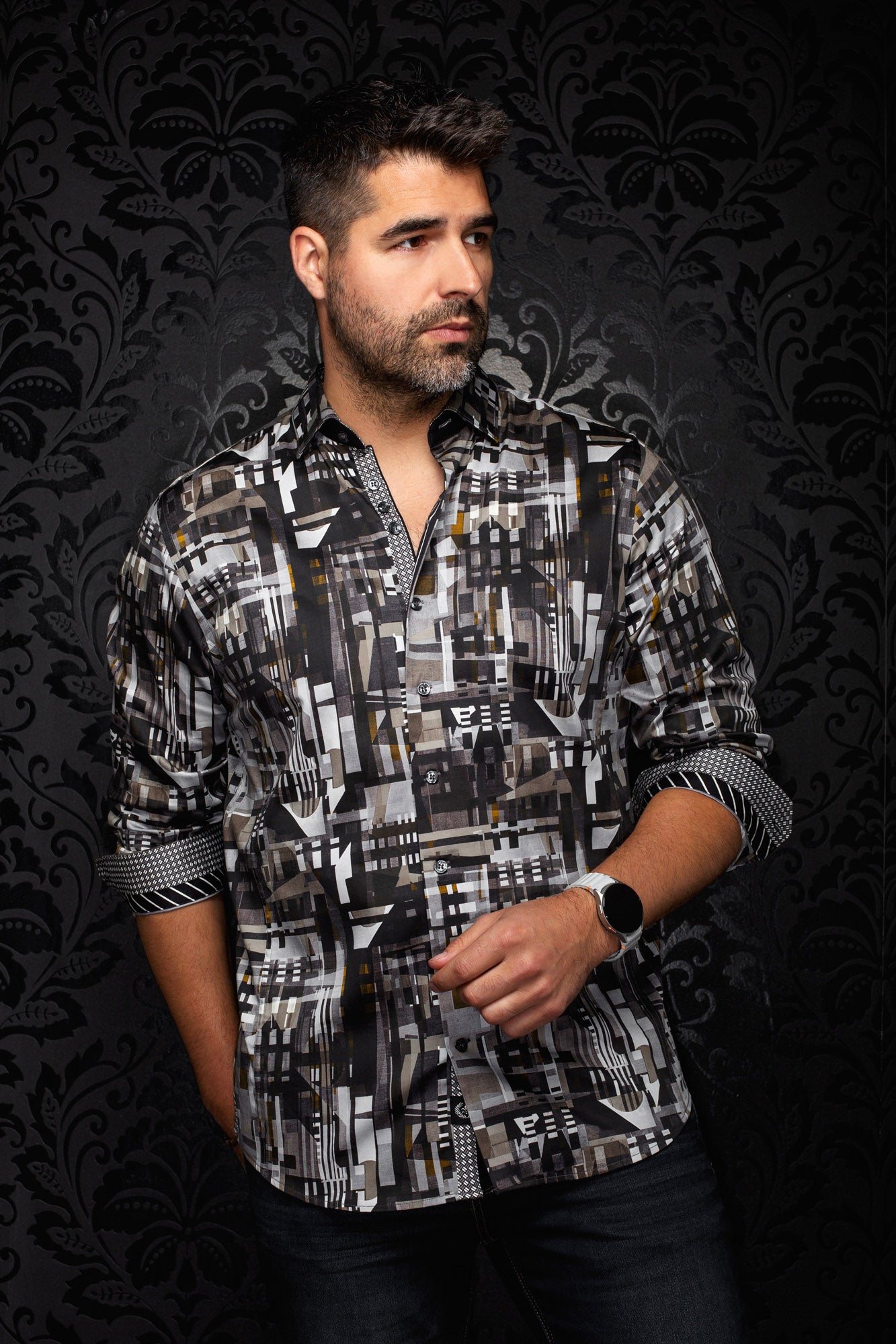 Au Noir men's black printed button-up shirt with gray geometric pattern and rolled contrast cuffs shown from the front