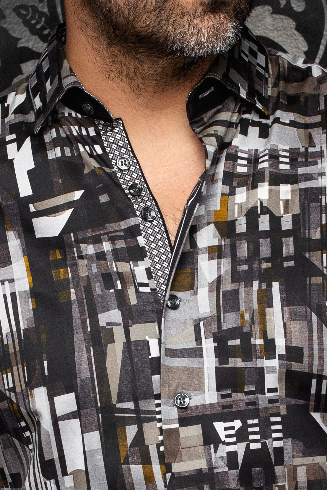 Au Noir men's black and gray printed shirt collar, button placket, and contrast inner trim, close-up