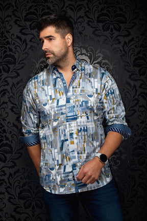 Au Noir men's gray geometric print button-up shirt with rolled contrast cuffs and blue buttons, front view