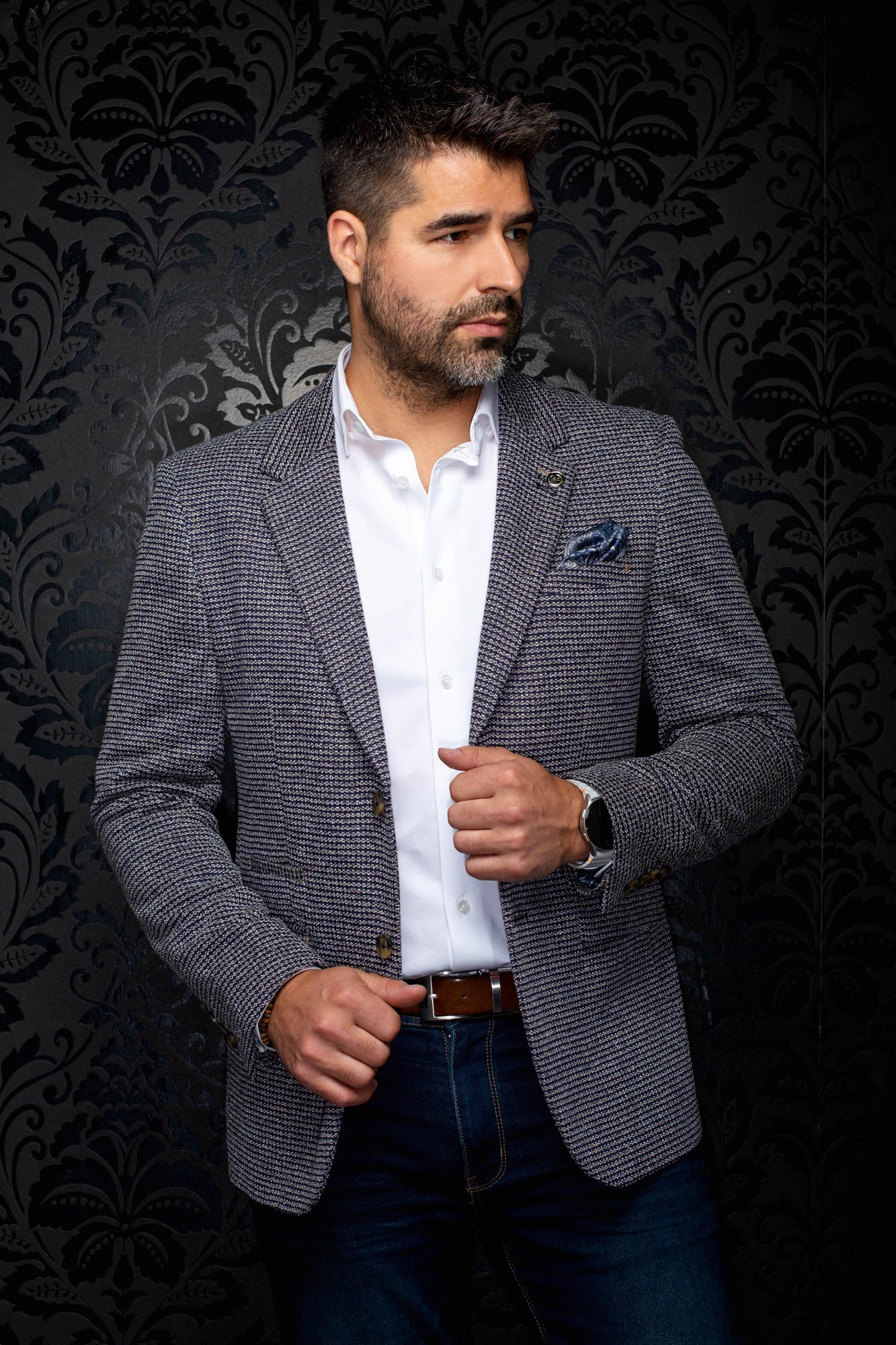 Au Noir men's navy textured blazer with notch lapels, brown buttons and blue pocket square, front model view