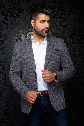 Au Noir men's navy textured blazer with notch lapels, brown buttons and blue pocket square, front model view