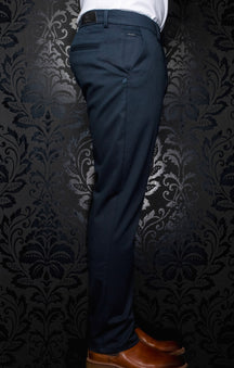 Men's side-back model view of navy chino pants with belt loops, welt pockets, and straight leg hem by Au Noir