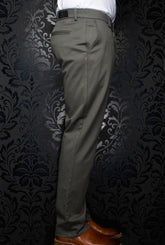 Au Noir men's olive chino pants on model with rear welt pocket, belt loops, and straight leg, side view
