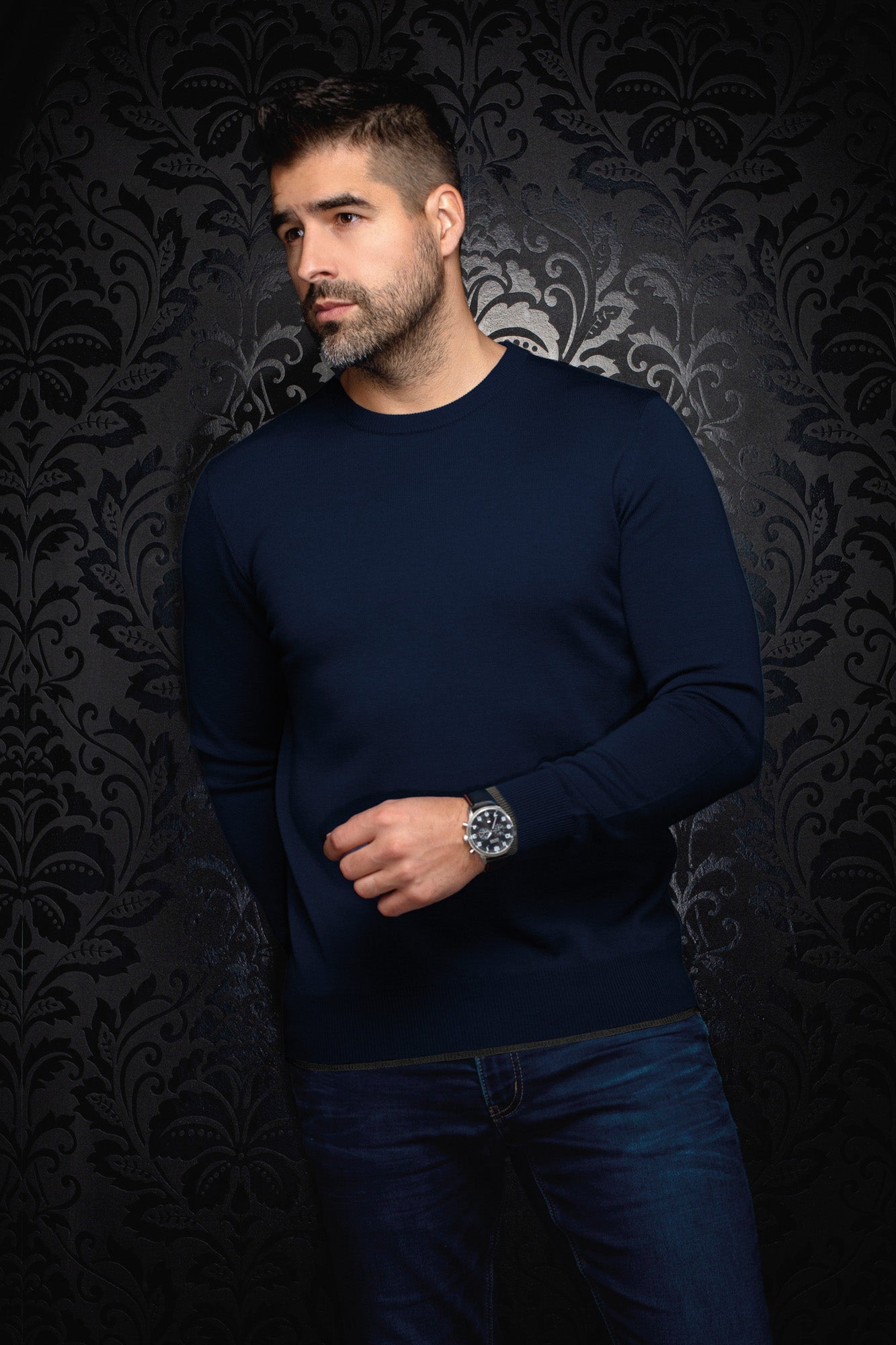 Men's navy crewneck knit cashmere sweater on model, front view with ribbed cuffs and straight hem by Au Noir