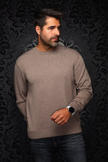 Men's taupe knit crewneck cashmere sweater, front model view with ribbed collar, cuffs and hem by Au Noir