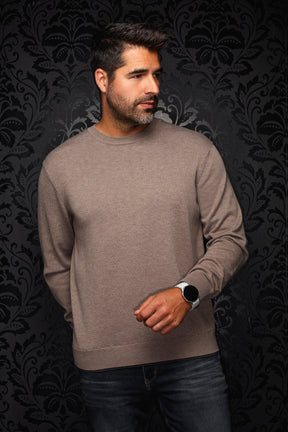Men's taupe knit crewneck cashmere sweater, front model view with ribbed collar, cuffs and hem by Au Noir