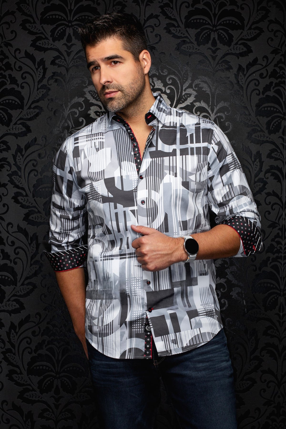 Stretch cotton long sleeve shirt for men by Au Noir | LAJEDO Grey | Menshirt.com, complete inventory of the Au Noir brand