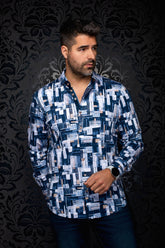 Au Noir men's navy button-up shirt with white geometric print, tan buttons, and long sleeves, front model view