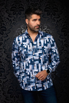 Au Noir men's navy button-up shirt with white geometric print, tan buttons, and long sleeves, front model view