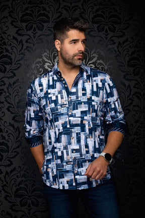 Au Noir men's navy geometric-print button-up shirt on model, with rolled cuffs and contrast cuff facing visible, side view