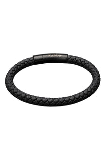 Men's black braided bracelet with smooth clasp engraved Au Noir, isolated product view