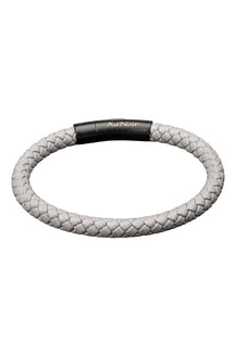 Men's light gray braided bracelet with black clasp and Au Noir logo, isolated product view