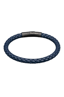 Men's navy braided bracelet with black clasp and white Au Noir logo, isolated product view