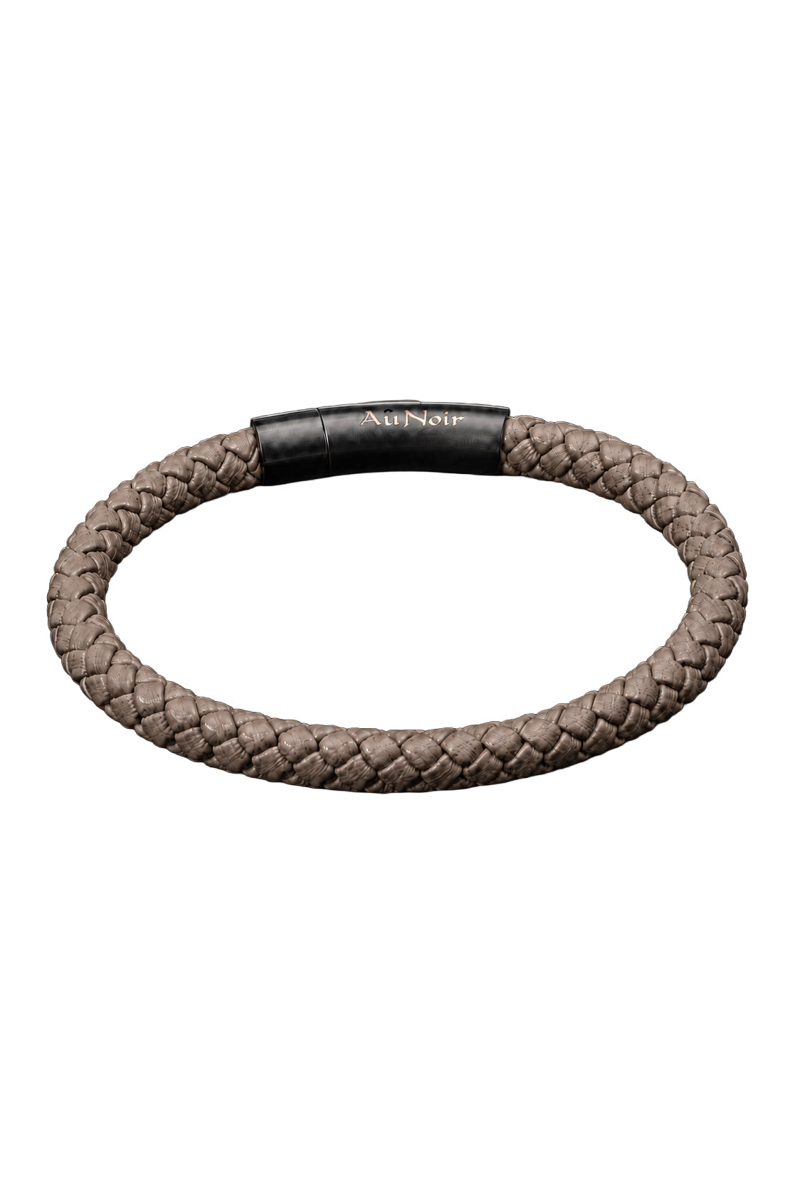 Men's taupe braided bracelet with black clasp and Au Noir logo on a white background, product view