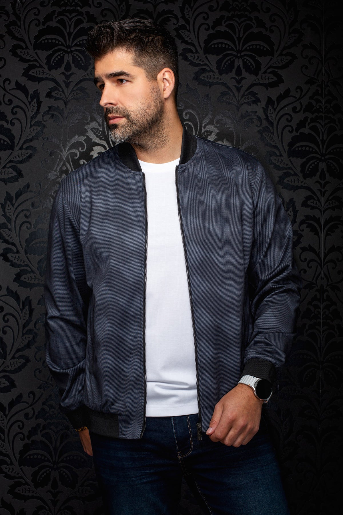 Au Noir men's dark navy bomber jacket front view with black ribbed collar, cuffs, and zipper